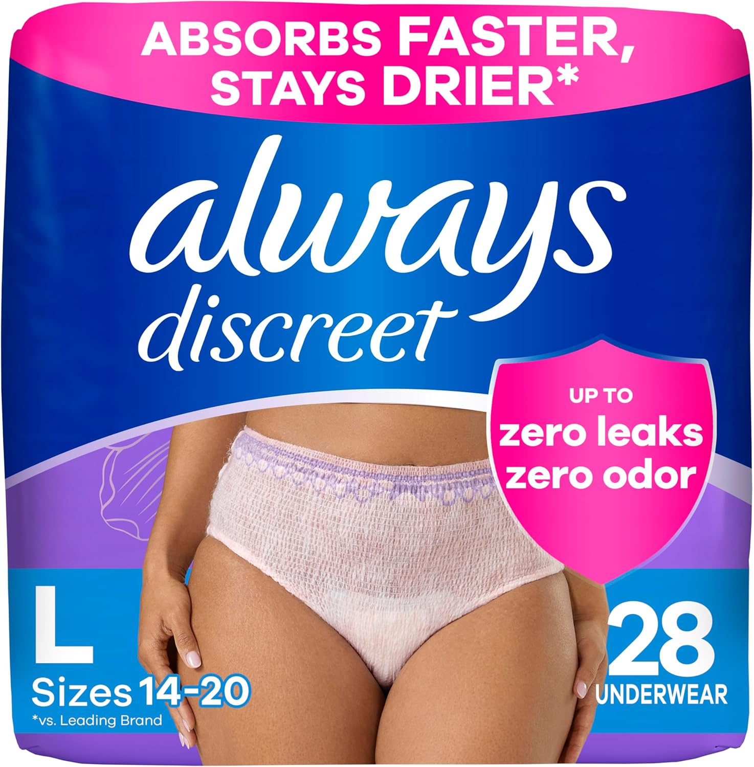 Always Discreet Adult Incontinence Underwear for Women and Postpartum Underwear, Large, Up to 100% Bladder Leak Protection, 28 Count