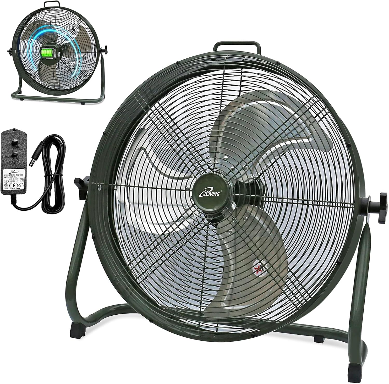 iLiving 18" Rechargeable Battery Operated Camping Floor Fan, High Velocity Portable Outdoor Fan with Metal Blade, With Built-in Lithium Battery for Whole Day Usage, 18 Inches, Military Green