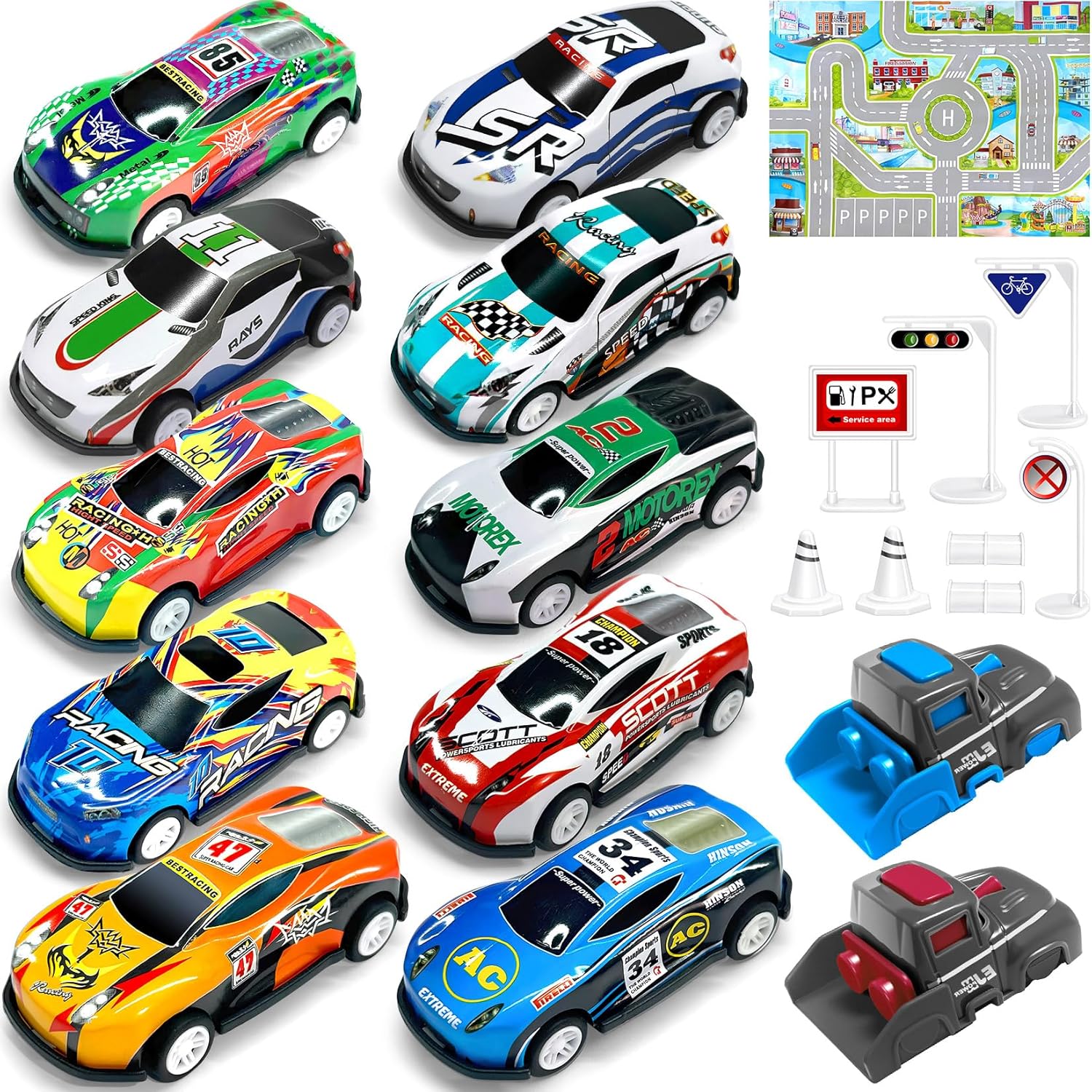 TOYABI Toy Cars, 10Pcs Car Racing Games with Mat & Launcher, Pull Back Cars for Kids, Micro Machines Featuring Diecast Metal Shells, Kids' Play Vehicles, Birthday Party Gifts, Boys Toys Age 3 4 5 6 7