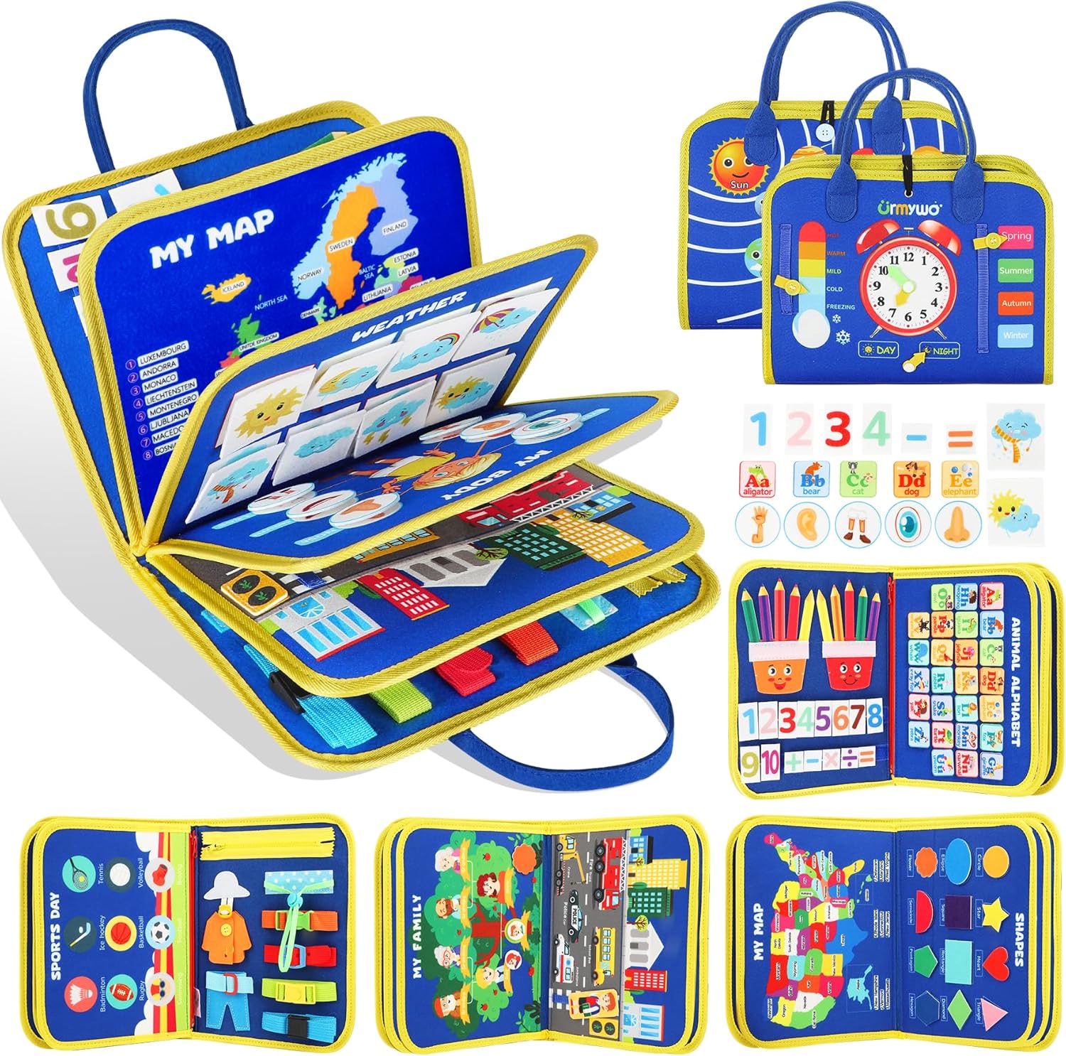 URMYWO Busy Board - Montessori Toys for 1 2 3 4 Year Old, Busy Book Toddler Activities with Fine Motor Skills, Autism Sensory Toys Gifts for Boys Girls, Travel Toys for Road Trip Plane Car