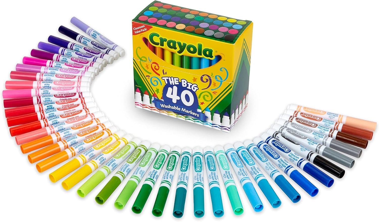 Crayola Ultra Clean Washable Markers for School (40ct), Essential Back to School Supplies for Kids, Coloring Book Marker Set, Teacher Classroom Supplies