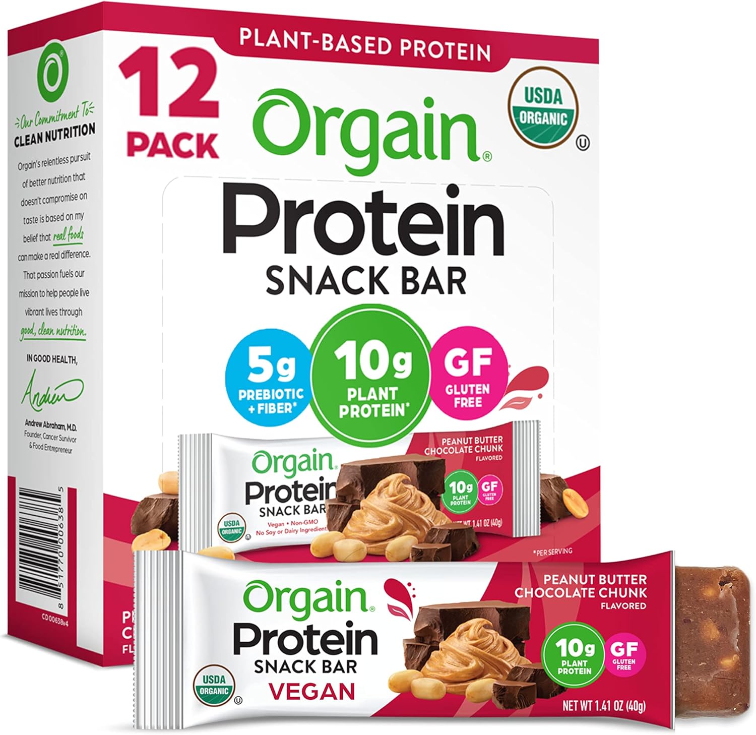 Orgain Organic Vegan Protein Bars, Peanut Butter Chocolate Chunk - 10g Plant Based Protein, Low Calorie Healthy Snacks, No Lactose or Soy Ingredients, Gluten Free, Non-GMO - 1.41 Oz (Pack of 12)
