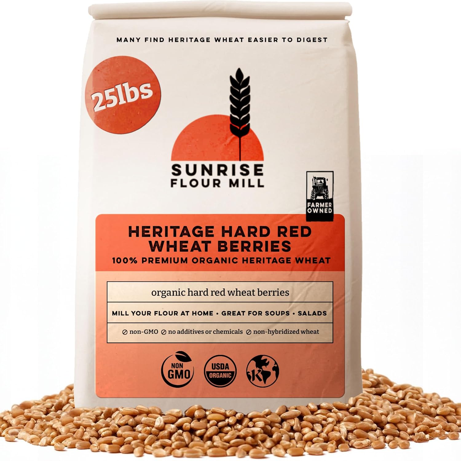 Sunrise Flour Mill Heritage Hard Red Wheat Berries (Turkey Red) (400 Ounce (Pack of 1)) Certified Organic | Non-GMO | Unprocessed | Vegan | Kosher | Shelf-stable Whole Wheat Berries Organic
