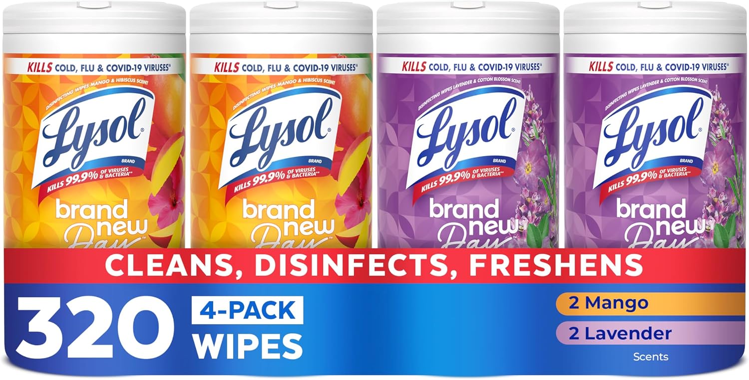 LYSOL Disinfecting Wipes, All Purpose Cleaner, Multi-Surface Antibacterial Cleaning Wipes, Household Cleaning Supplies, Dorm Essentials, Lavender + Mango Scents, 80 ct. (4 Pack)
