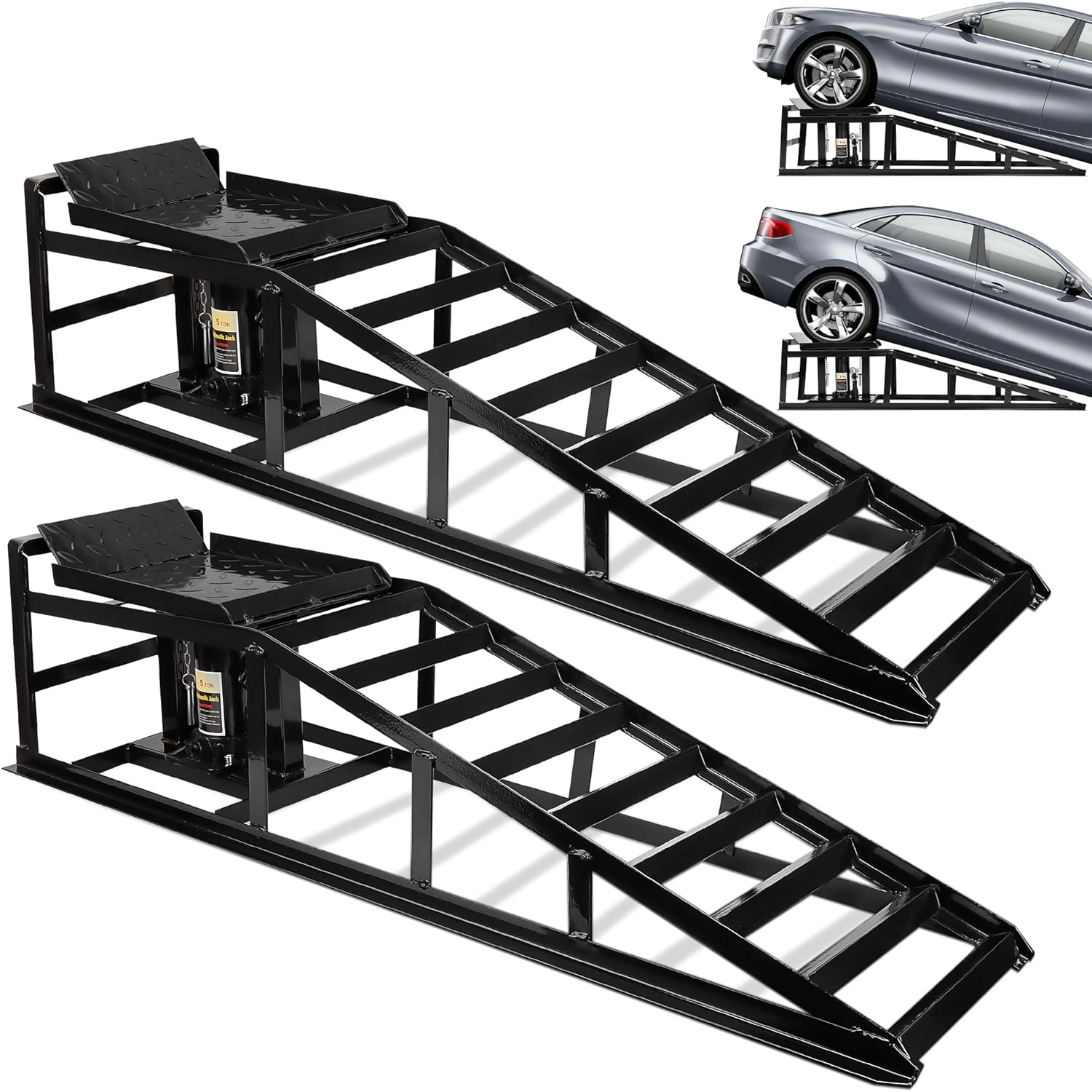 2PCS Hydraulic Car Ramps, 5T 11000lbs Heavy Duty Adjustable Steel Lift Ramps, Hydraulic Vehicle Ramps Lift Ramp for Oil Changes, Car Lifts for Home Garage, Vehicle Auto Garage Repair (Black)