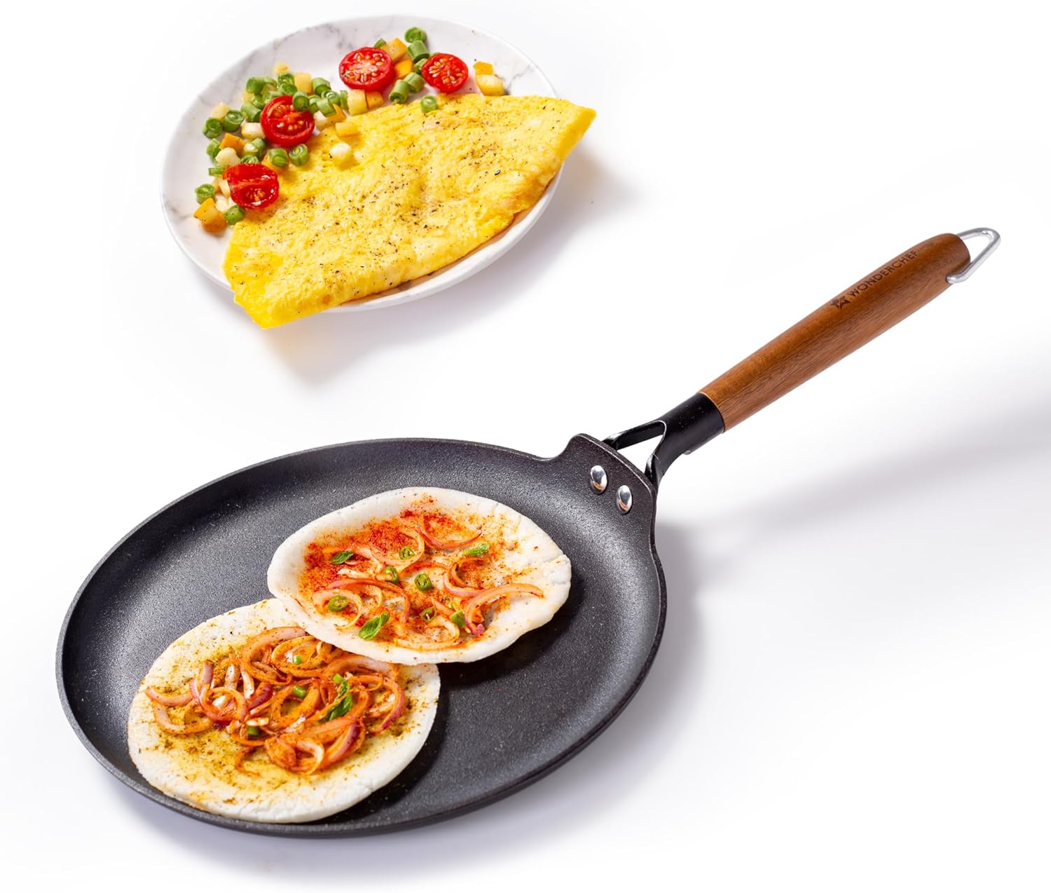 Wonderchef Pre-Seasoned Ferro Light 28cm Dosa Tawa 4MM Acacia Wooden Handles Gravity Moulding Technology No Chemical Coating 10 Year Warranty24 cmBlack