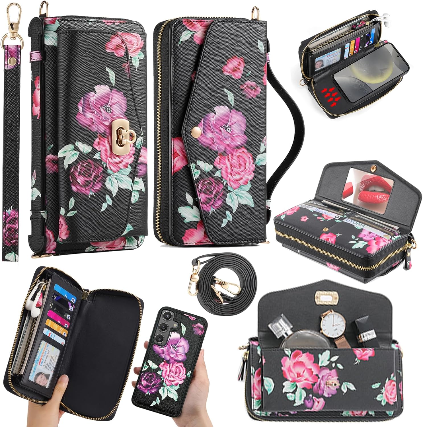 Wallet Case for Samsung Galaxy S24 5G Magnetic Detachable Crossbody Shoulder Strap Floral PU Leather Wristlet Mirror Flip Zipper with RFID Blocking Purse Phone Cover for S 24 24S G5 Girls Black
