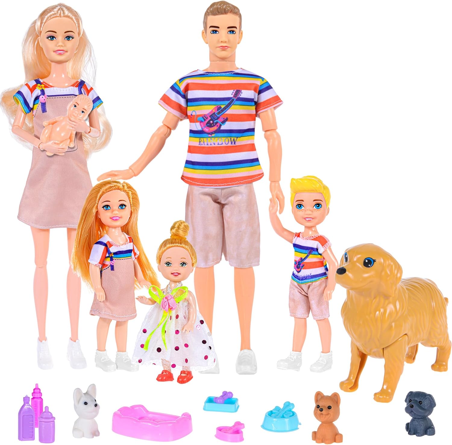 iBayda Family Dollhouse Dolls Playset - 6 People with Dollhouse Pets Included Pregnant Mom Dad 3 Kids and Accessories for 3-12 Years Old Toddlers Gift