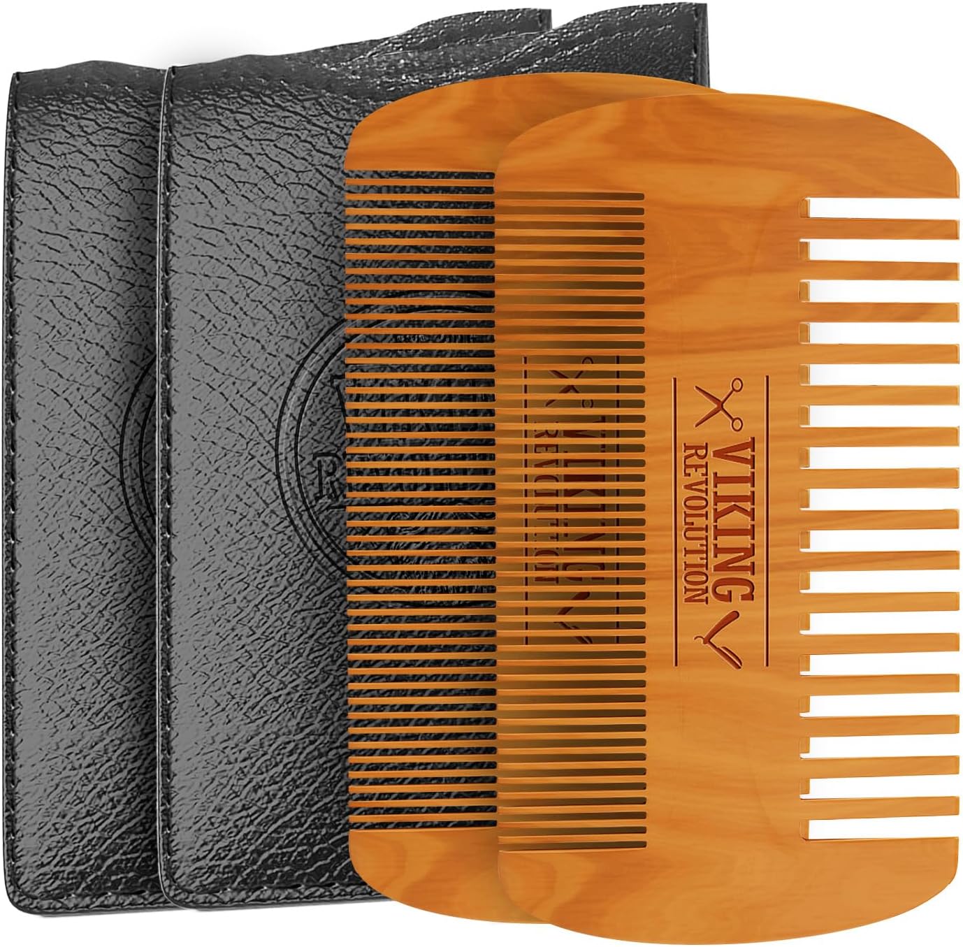 Viking Revolution Wooden Beard Comb & Case, Dual Action Fine & Coarse Teeth, Perfect for use with Balms and Oils, Top Pocket Comb for Beards & Mustaches (2 Pack)