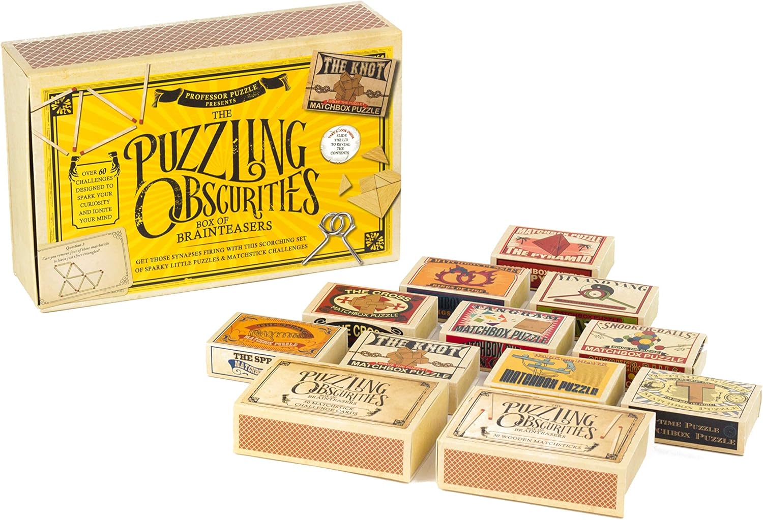 Professor Puzzle Puzzling Obscurities | Mix of 10 Pocket-Sized Brainteasers in Matchbox | Solve Rings of Fire, Trapeze & 50 Matchstick Challenges | Mechanical Puzzle Set for Adults & Teens