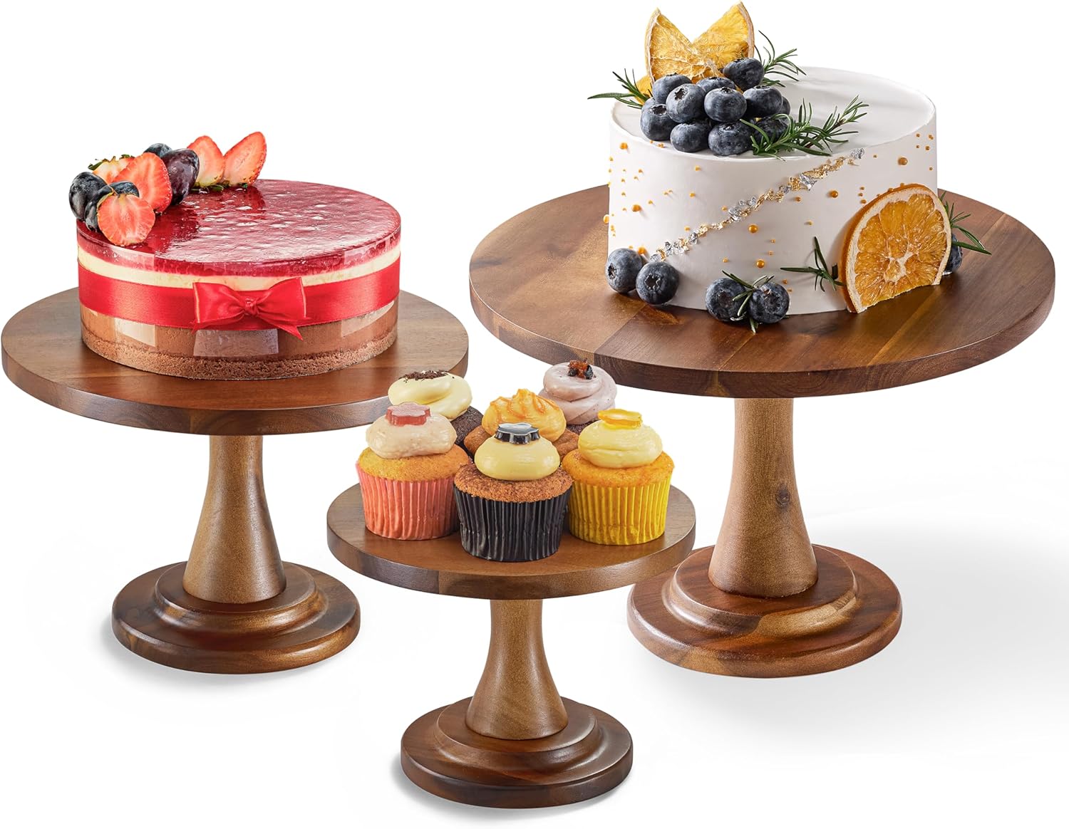 Set of 3 Acacia Wood Cake Stand Set – Wooden Rustic Farmhouse Cupcake Stand - Wedding and Birthday Decorating Cake Pedestal Stand - Dessert Display Serving Use at Parties, Restaurants, Birthday