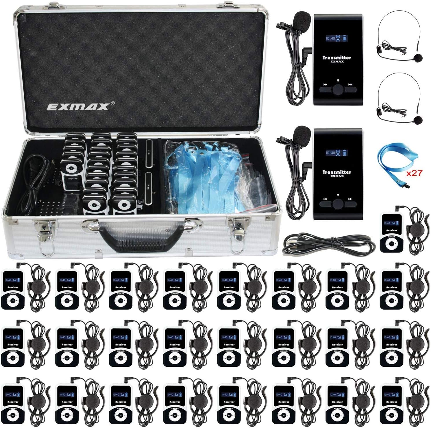 EXMAX Wireless Tour Guide Monitoring Voice Audio Transmission System ATG-100T 195MHz for Church Translation Conference Presentations(2 Transmitters & 25 Receivers + Aluminium Alloy Charge Case)