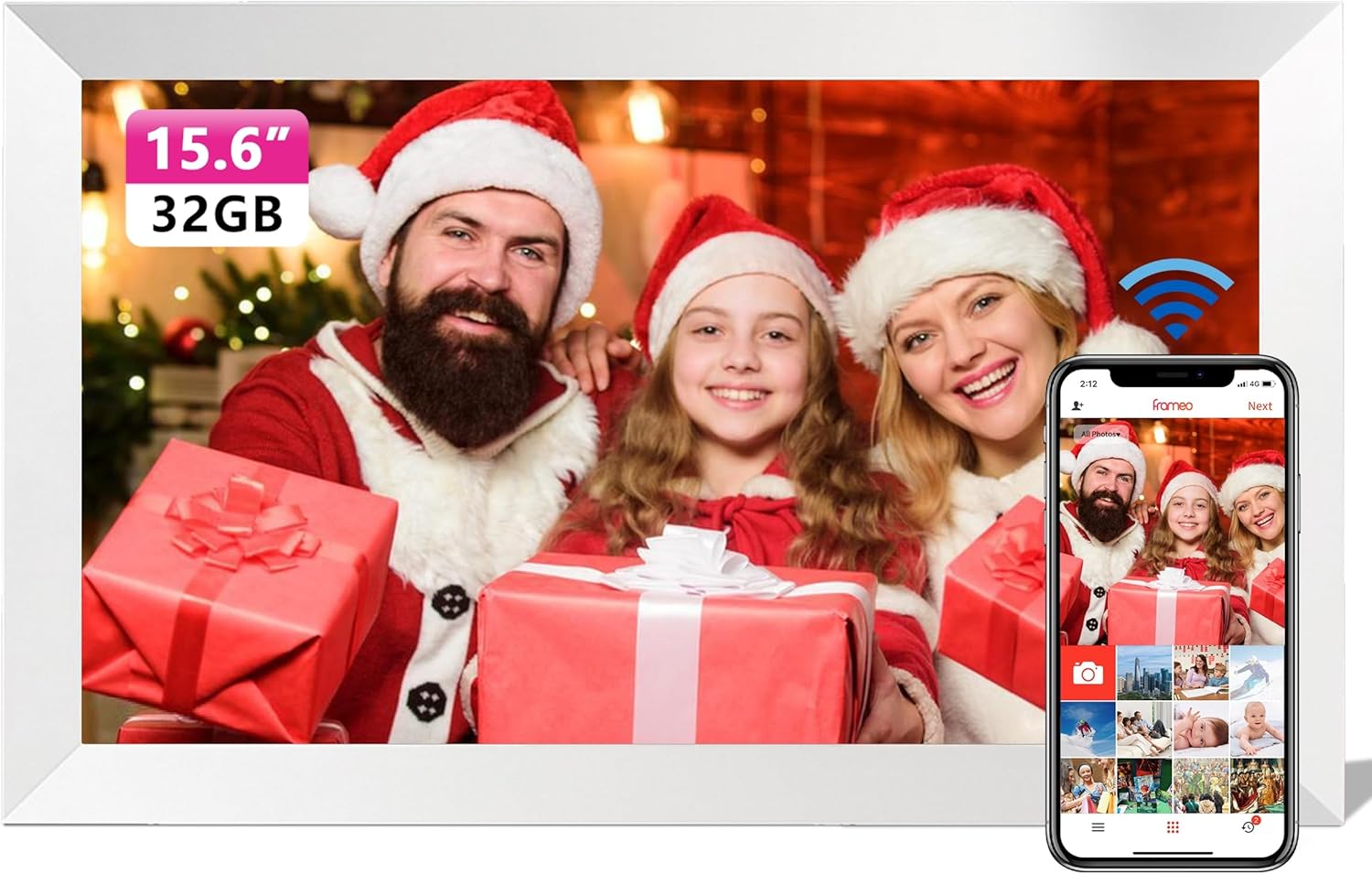 Frameo 15.6 inch Frameo Digital Photo Frame WiFi - 1920x1080 FHD IPS Screen Touchscreen, Built-in 32GB Storgae, Auto Rotate, Electronic Photo Frame via App to Share Photos & Videos Anywhere