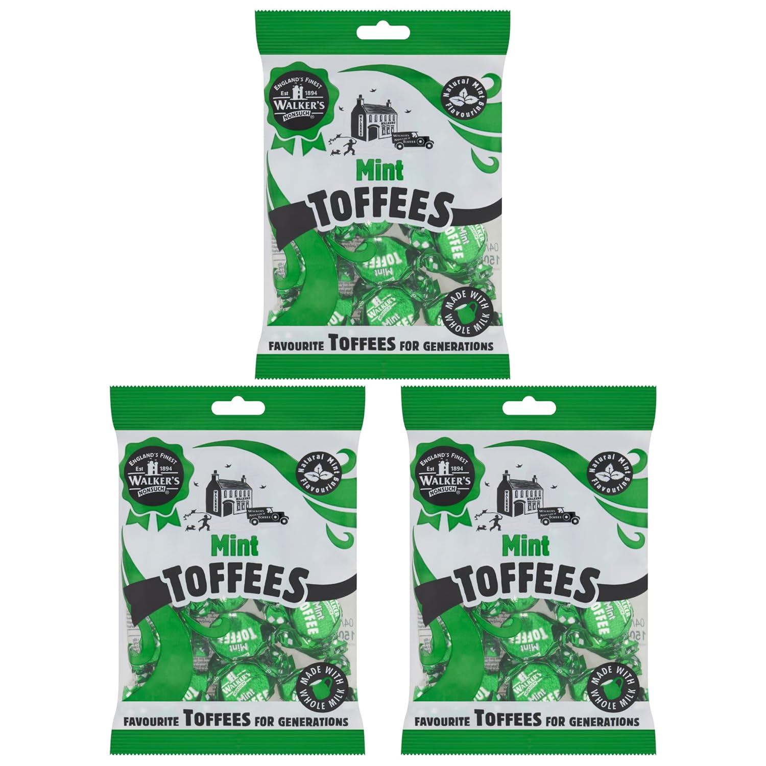 Walkers Nonsuch British Mint Toffee Candy 5.29 Oz (Pack of 3) - Natural Mint Flavor, Whole Milk Toffee, Individually Wrapped Chewy Candy Pack, Classic English Sweets, Imported UK
