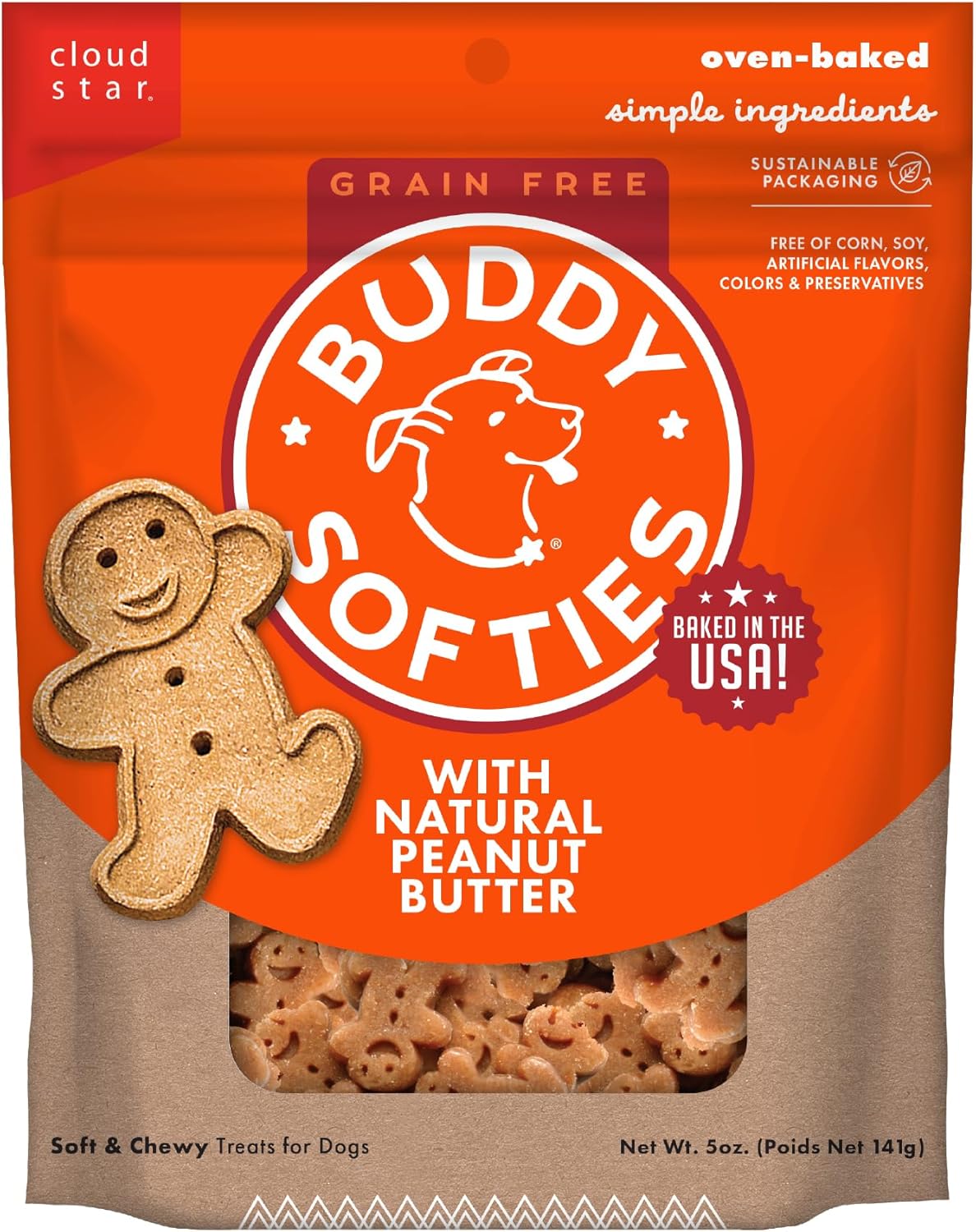 Buddy Biscuit Softies 5 oz. Bag, Grain-Free Soft & Chewy, Natural Peanut Butter Flavor Dog Treats, Oven Baked in the USA