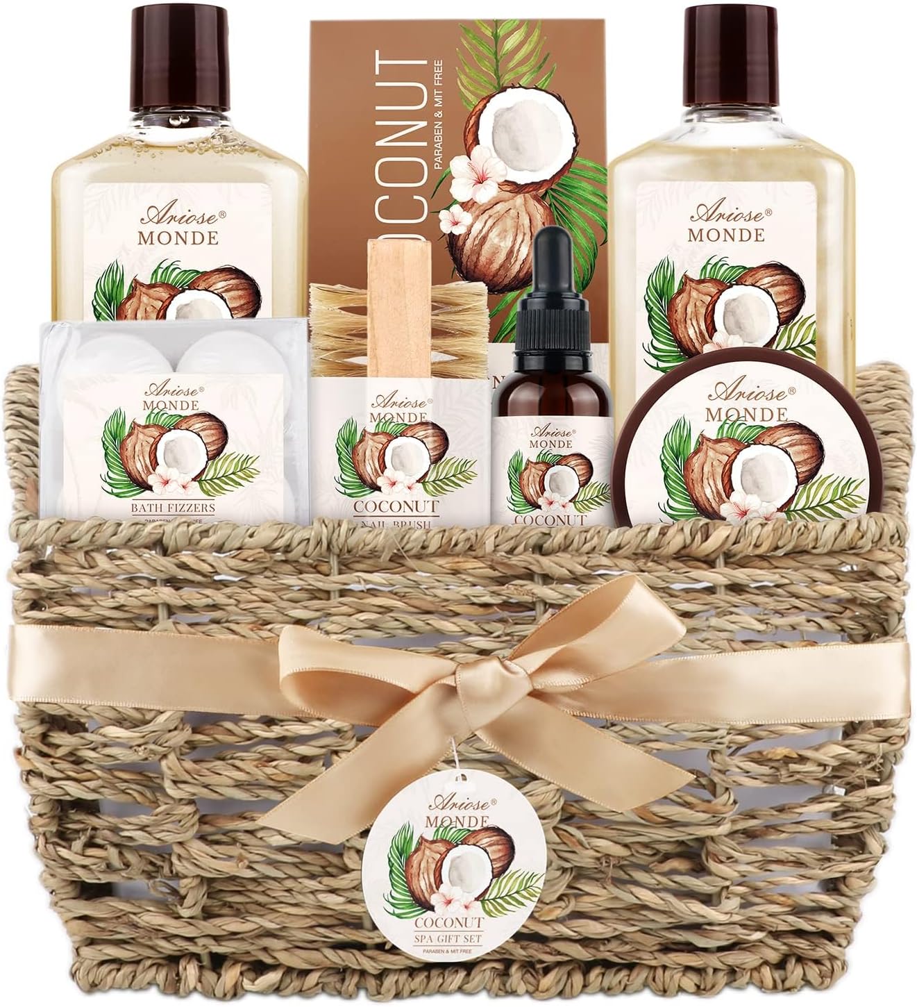 Bath & Shower Spa Basket Gift Set, Coconut Scent, with Shower Gel, Bubble Bath,Body Lotion, Bath Bomb,Bath Salt, Bath and