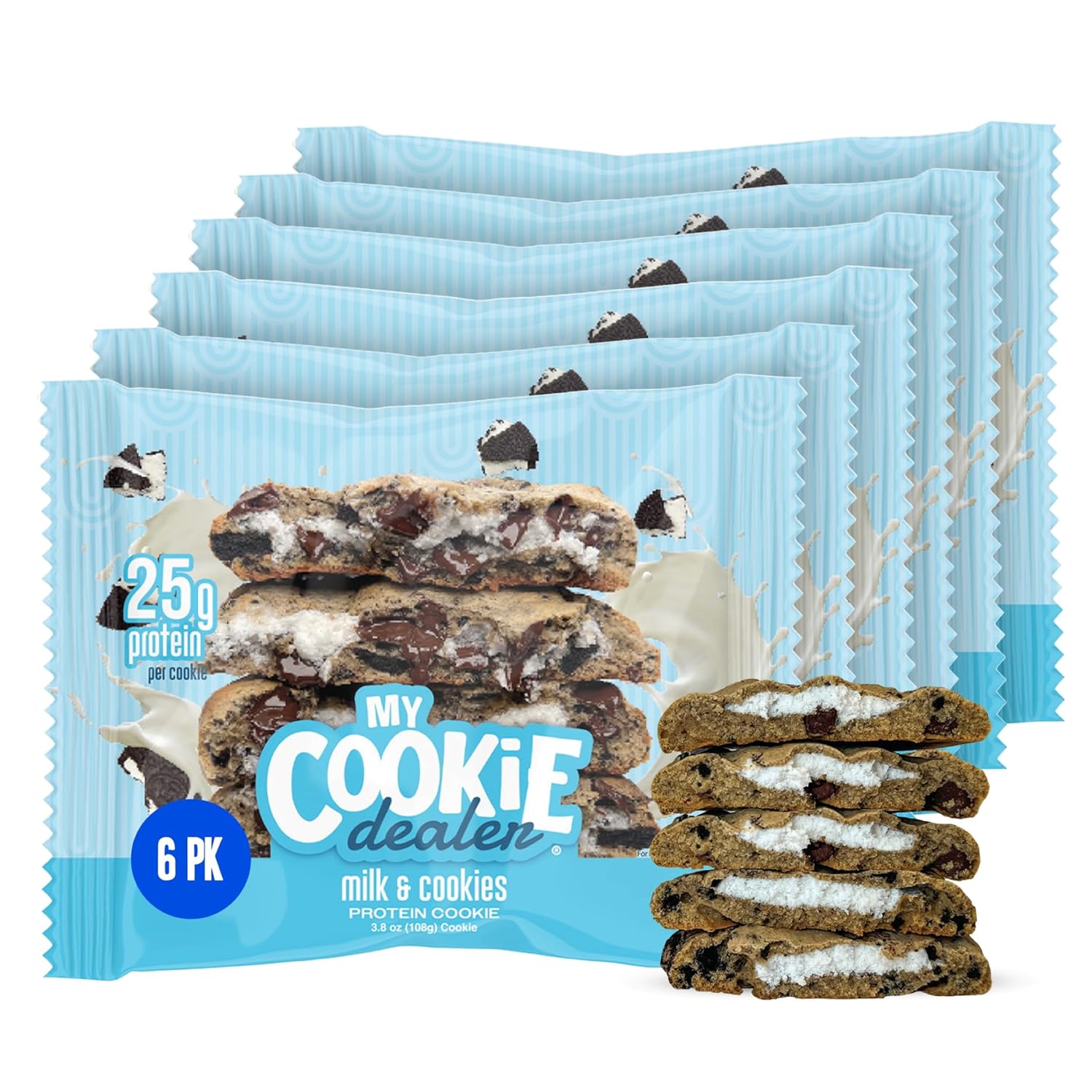 My Cookie Dealer Protein Cookies, Milk & Cookies (6-Pack, 3.8oz Each) - 25g of Protein per Cookie - Individually Wrapped Workout Snacks for On-The-Go Travel