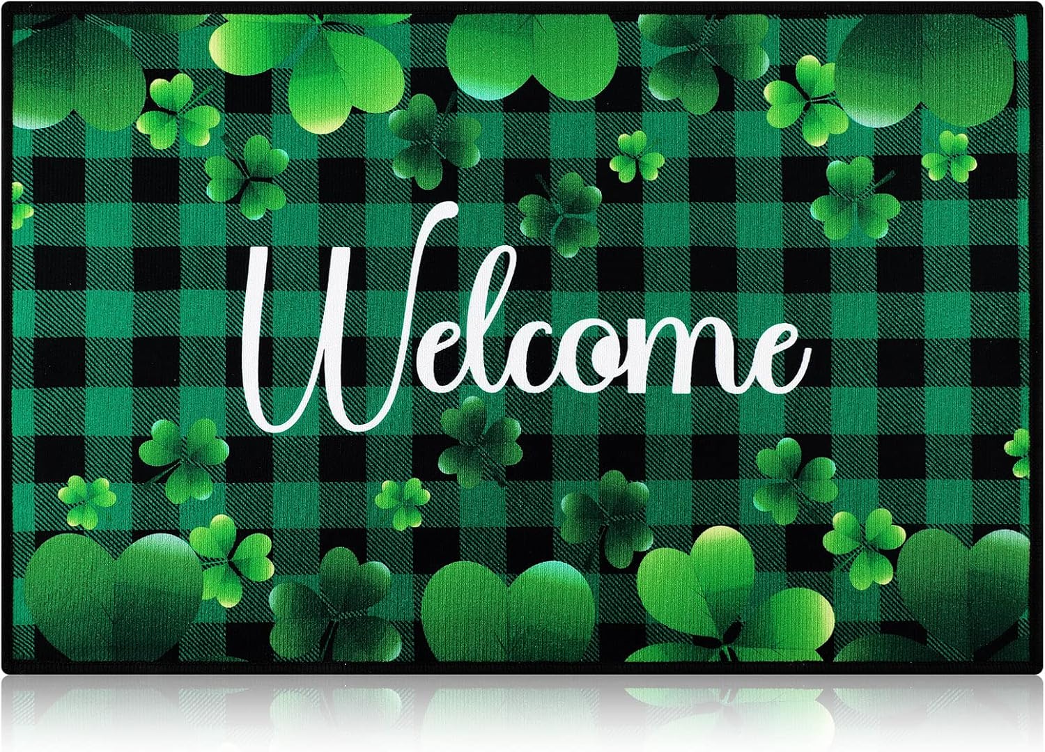 Timtin St. Patrick's Day Doormat Lucky Green Shamrocks St. Patrick's Day Doormat Irish Plaid Welcome Mat Non Slip Rubber Area Rugs for Bathroom Entrance Front Door Indoor Outdoor 15.7 x 23.6 Inch