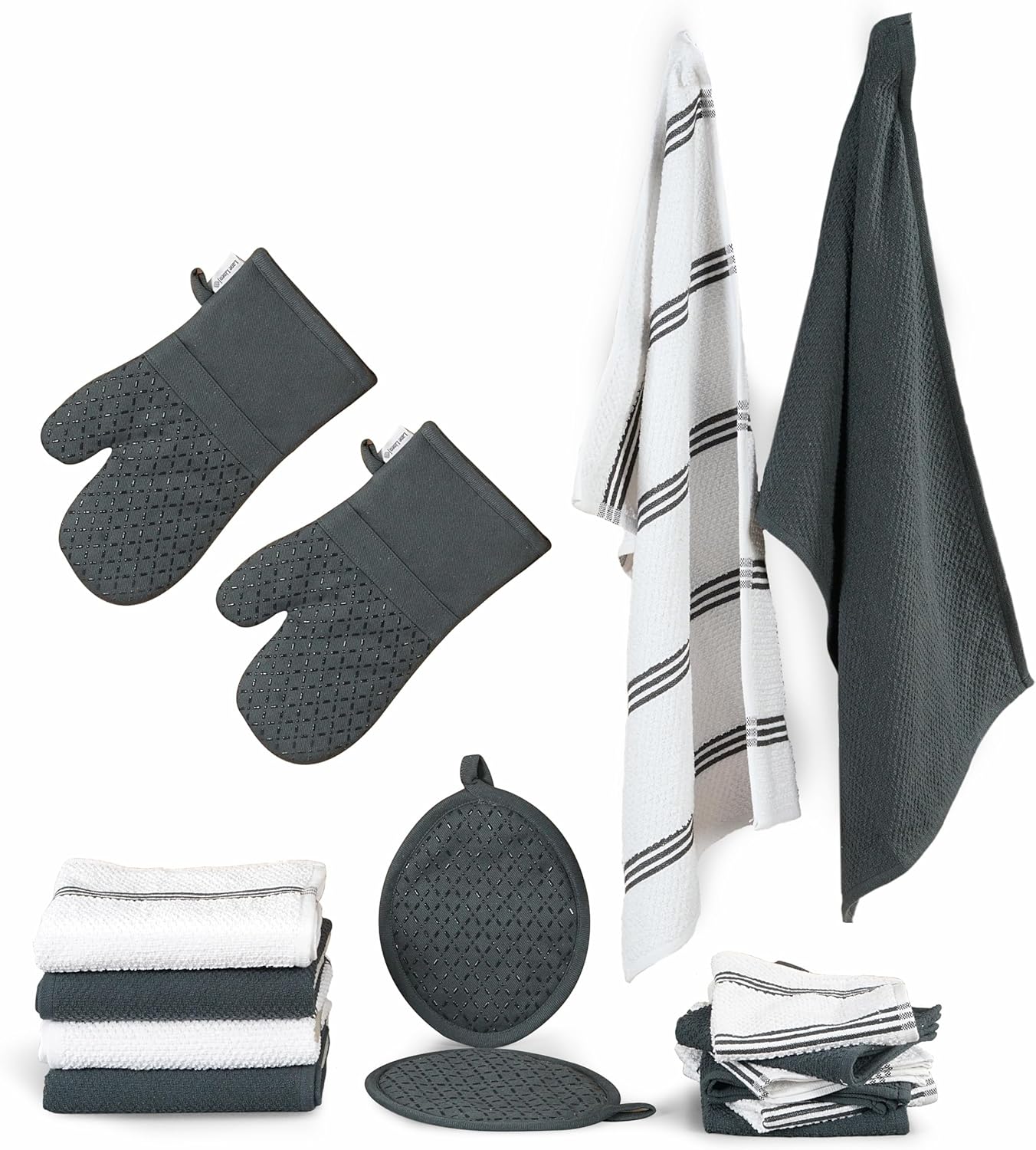 Lane Linen Kitchen Towels and Dishcloths Sets - 16 Pc Kitchen Essentials for New Home, Heat Resistant Silicone Oven Mitts & Pot Holder, Absorbent Terry Kitchen Towels, Dish Towels for Kitchen - Grey