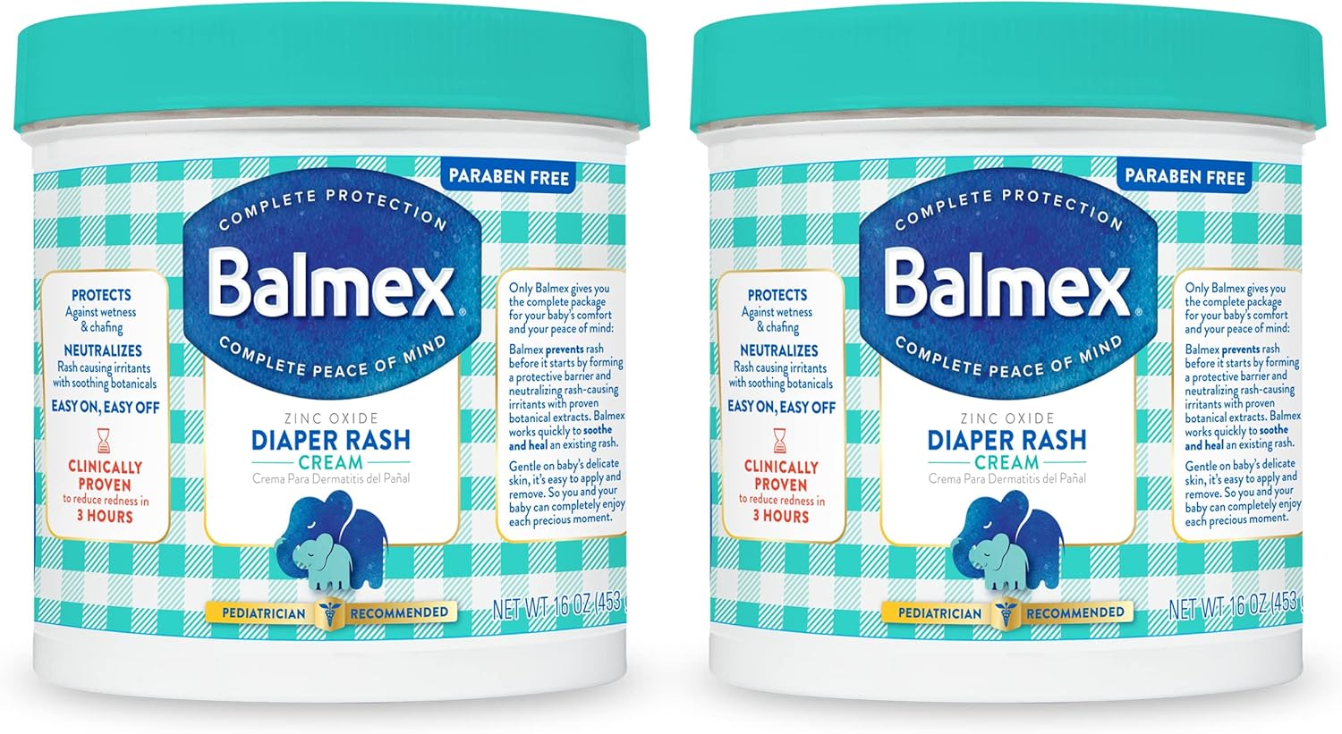 Balmex Complete Protection Baby Diaper Rash Cream with Zinc Oxide + Soothing Botanicals, 16 Oz, Pack of 2
