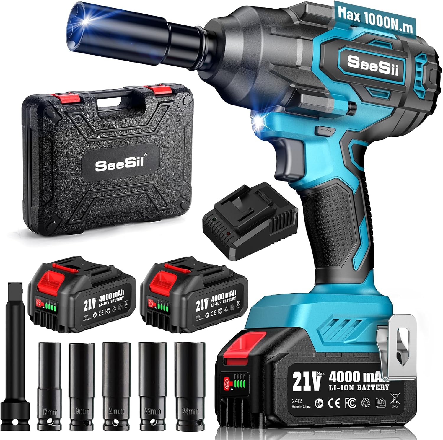 Seesii 1000N.m (738ft-lbs) Cordless Impact Wrench High Torque,1/2" Brushless Impact Gun w/Two 4.0Ah Battery,Fast Charger, 5 Sockets & Storage Case, Electric Impact Wrench for Car Truck,WH760