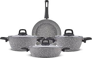 Karaca Gris BioGranite 7 Piece Granite Cookware Pot and Pan Set, Non-Stick Coating, Dishwasher-Safe & Induction Pot Set, Granite Pots and Pans, 3 Pots with 3 Glass Lids and 1 Frying Pan