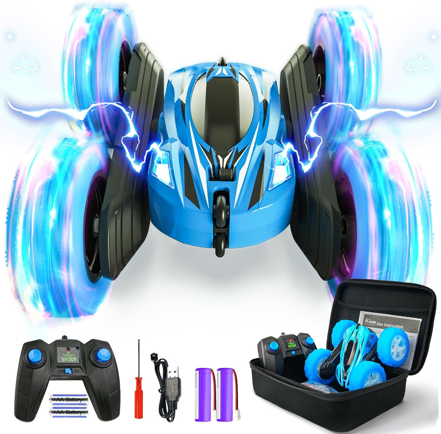 BEZGAR Remote Control Car with Case - Upgraded RC Stunt Car with Flashing Lights on All 4 Wheels, 2.4GHz 360° Flips Rotating RC Cars for Kids, Christmas/Birthday Gifts, Toys for Boys Age 4-7 8-12