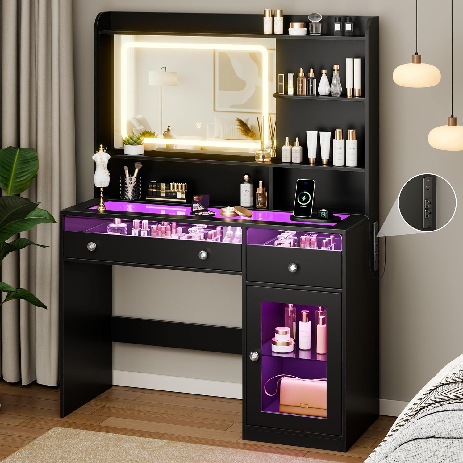 Korfile 35'' Makeup Vanity Desk with Mirror and Lights, Power Outlet Black