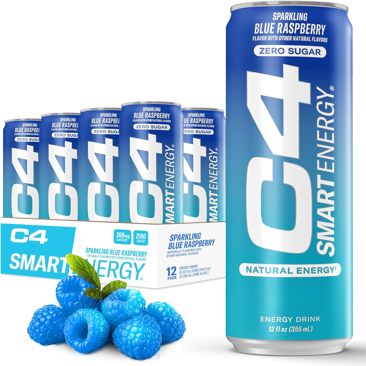 C4 Smart Energy Drink – Boost Focus and Energy with Zero Sugar, Natural Energy, and Nootropics - 200mg Caffeine - Blue Raspberry (12oz Pack of 12)