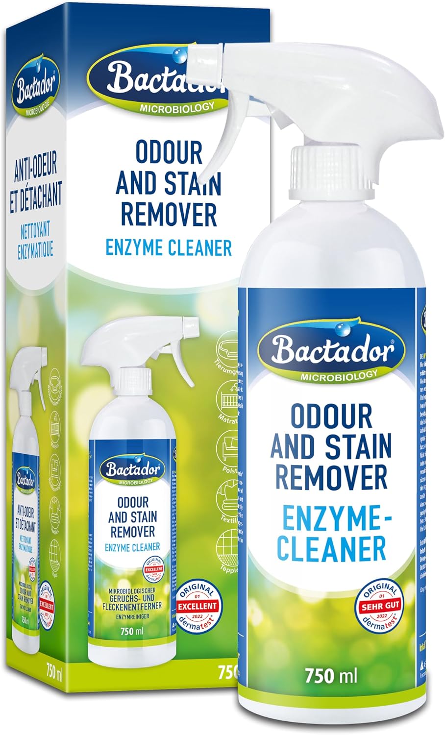 Bactador Enzyme Cleaner Spray 750ml- Enzymatic cleaner & Cat urine enzyme cleaner - Pet carpet cleaner - Microbiological urine neutraliser - Pet stain & odour remover - For home & animal environment