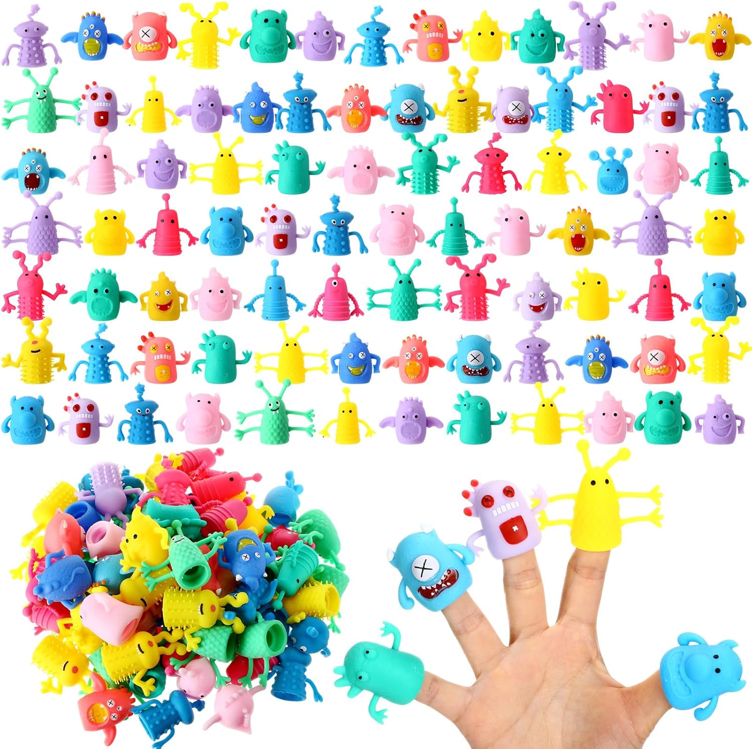 120 Pcs Cute Finger Puppets Toys Monster Stretchy Finger Puppets Funny Colorful Monster Stretchy Toys Soft Rubber Doll Sets for Role Playing Birthday Halloween Kids Party Favors