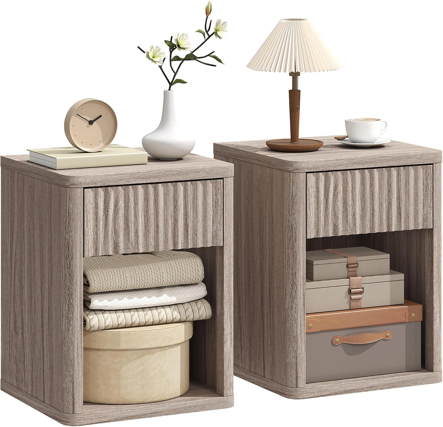 HOMCOM Modern Bedside Table Set of 2, Bedside Cabinet with Drawer and Open Shelf, Side End Table, Nightstand for Bedroom, Oak