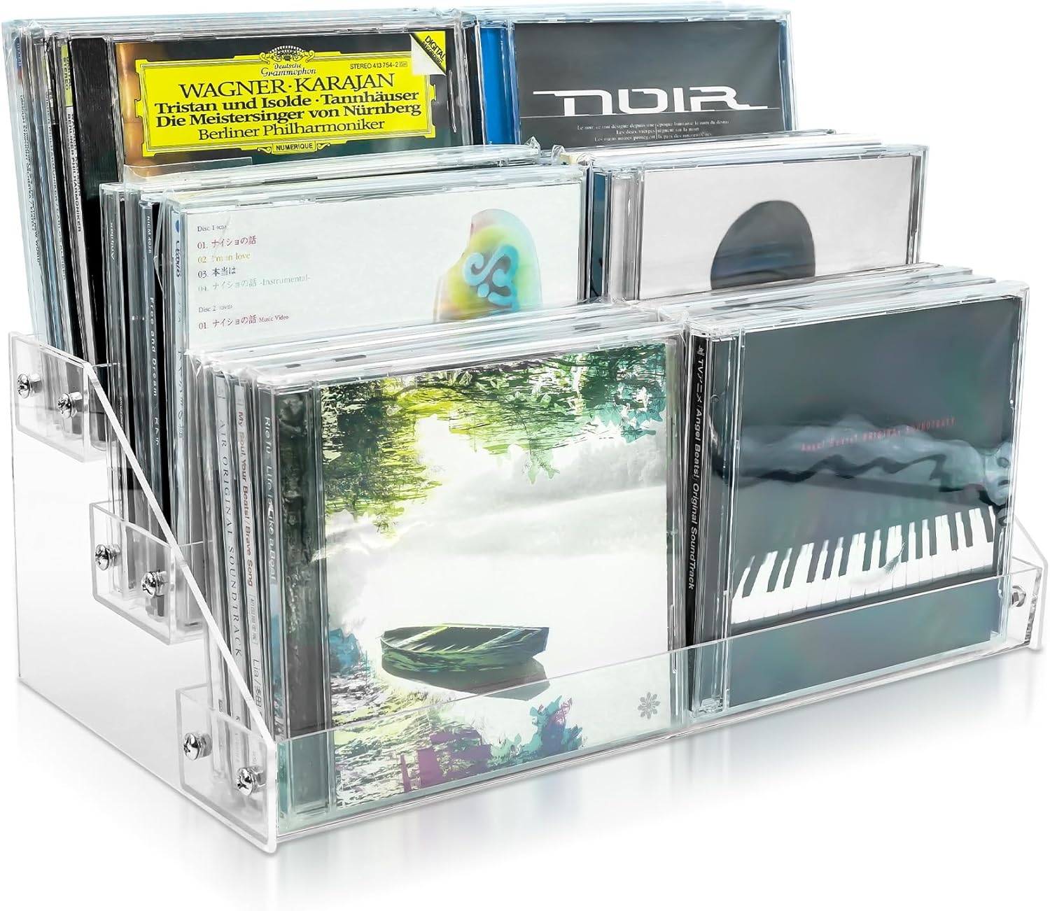 3-Tier Clear Acrylic CD Holder - Cascading Storage Rack for DVD, CD Display & Vinyl Records - Holds 24 Standard Cases for Media Shelf Organization (Clear, Medium Size)