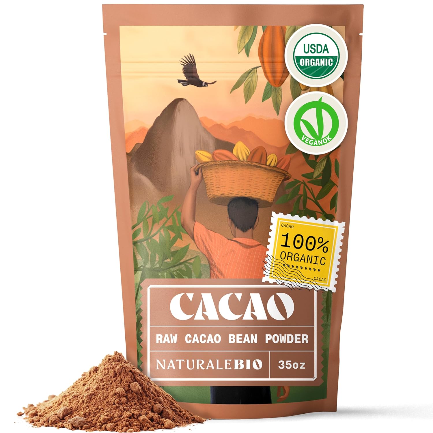 NaturaleBio Cacao Powder Organic 35oz. Unsweetened, Non-Alkalized and Pure. Cocoa Powder Substitute with Rich Dark Chocolate Flavor. Non-GMO, Gluten Free, Tested for Heavy Metals. From Raw Cacao Beans