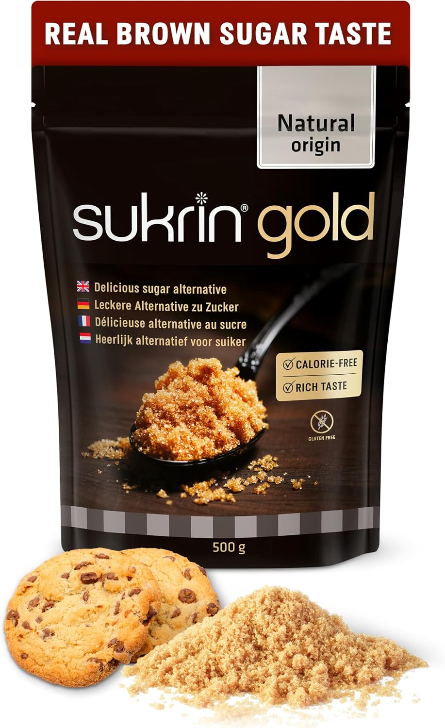 Sukrin Gold 500g Natural Sweetener, Sugar Free Brown Sugar Substitute, Zero Calorie Granulated Erythritol & Stevia Sweetener, Gluten Free Vegan Keto Sweeteners for Tea and Coffee, Baking
