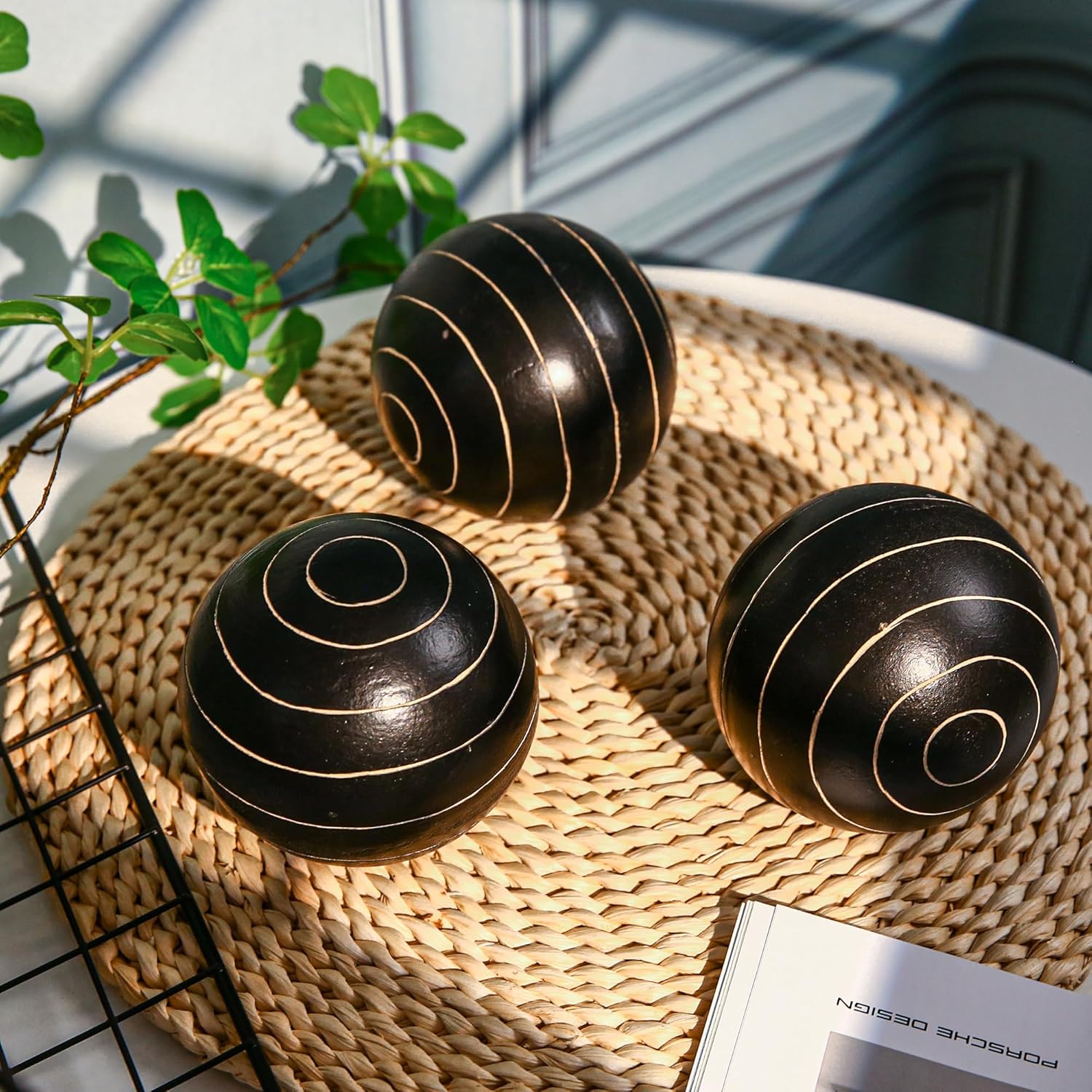 Decorative Orbs for Bowls and Vases, Circle Pattern, 4 inch Resin Round Sphere Balls, Set of 3, Living Room Coffee Table Centerpiece