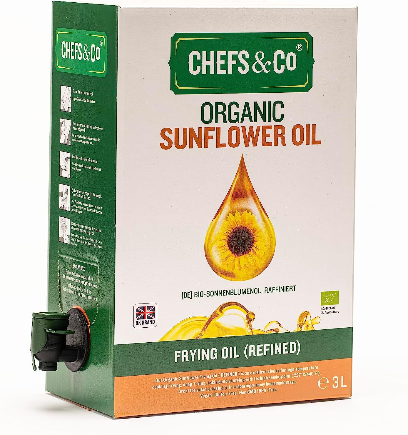 CHEFS & CO Organic Sunflower Oil | Plant-Based Oil | Ideal for Baking, Sautéing & Dressings (FRYING, 3L(Pack of 1))