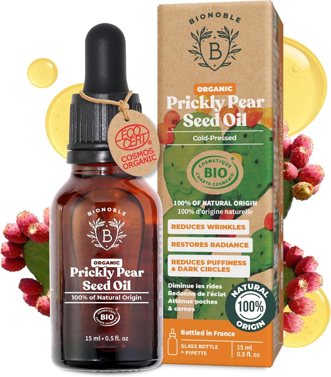 Bionoble Organic Prickly Pear Seed Oil 15ml - 100% Pure, Natural and Cold Pressed - Face, Body, Hair, Beard, Nails - Vegan and Cruelty Free - Glass Bottle + Pipette