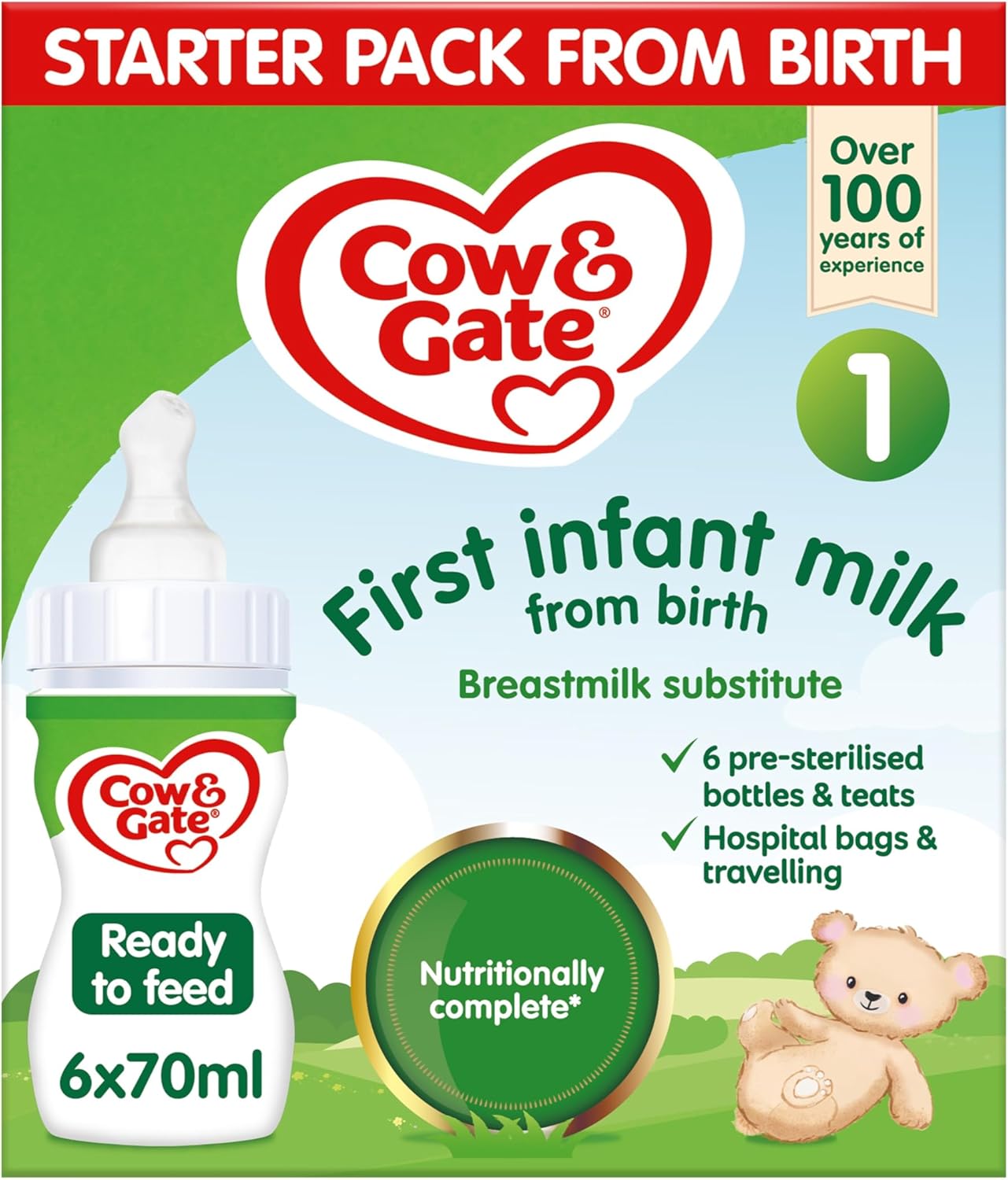 Cow & Gate 1 First Baby Milk Formula, Starter Pack From Birth, 6x70ml