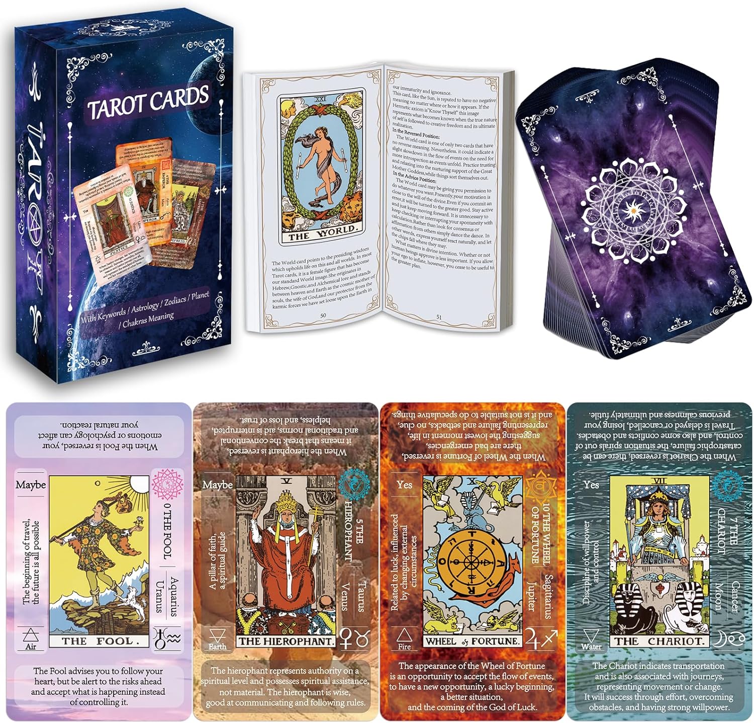IXIGER Tarot Cards for Beginners with Meanings on Them,tarot cards and book set,Learning Tarot Deck Fortune Telling Game with Keywords, Chakra, Planet, Zodiac, Element, Yes/No, Affirmations.