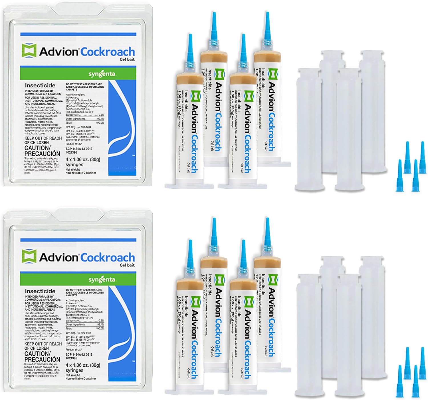 Advion Cockroach Gel Bait, 4 Tubes x 30-Grams, 4 Plunger and 4 Tips, German Roach Pest Control, Indoor and Outdoor Use, Roach Killer for American, German and Other Major Cockroach Species (2 Pack)