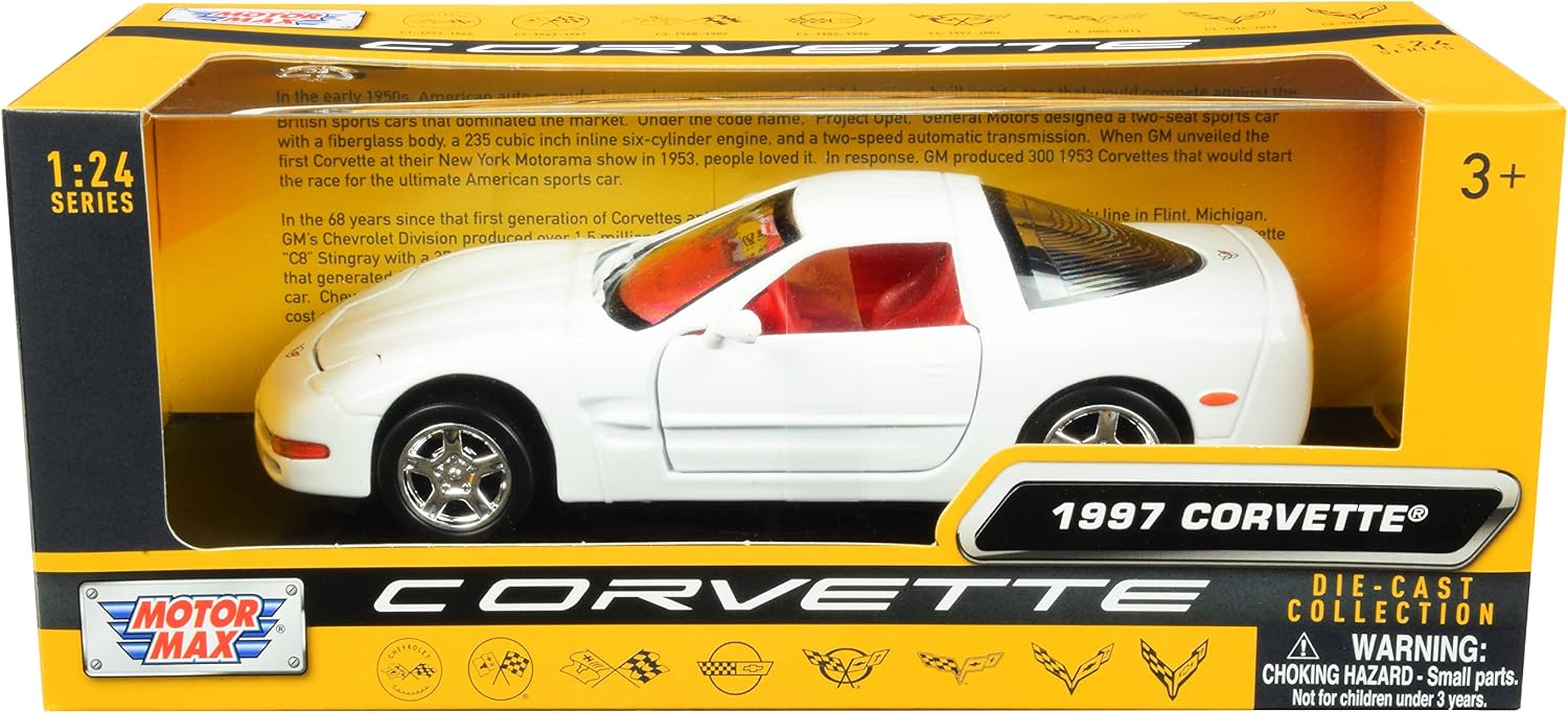 Motormax Toy 1997 Chevy Corvette C5 Coupe White with Red Interior History of Corvette Series 1/24 Diecast Model Car by Motormax 73210