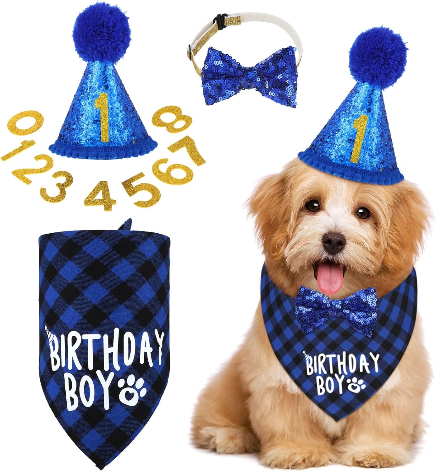 Weewooday Dog Birthday Party Supplies Birthday Boy Girl Cake Bandana Triangle Scarf Party Hat Dog Bow Tie Collar with Numbers for Large Medium Small Dog Puppy 1st Birthday(Elegant Style,Medium)
