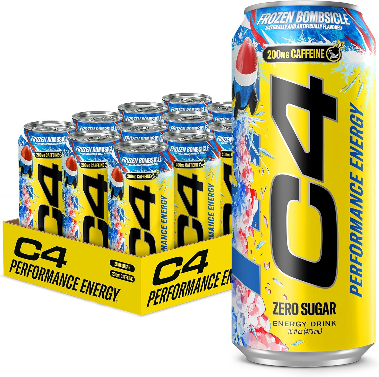 C4 Energy Carbonated Zero Sugar Energy Drink, 200mg Caffeine Frozen Bombsicle, 16 Fl Oz (Pack of 12)