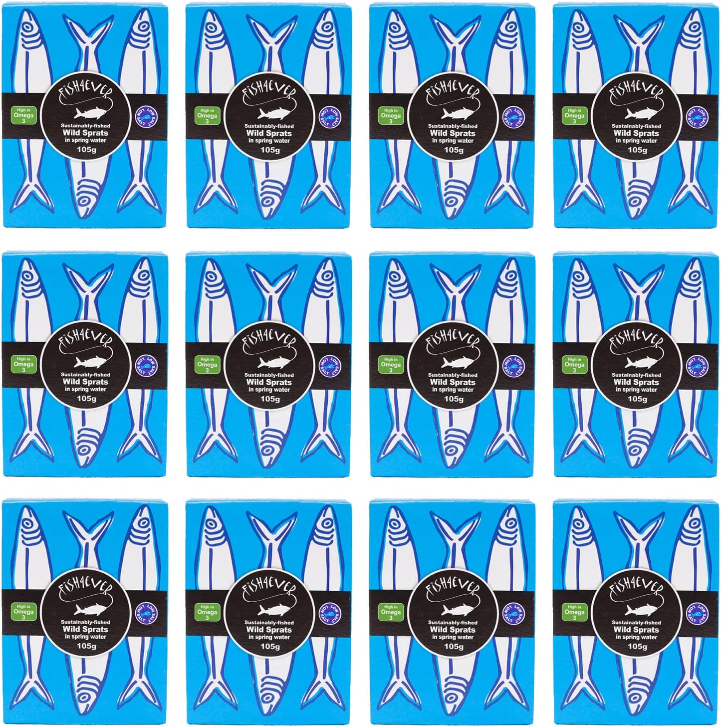 Fish 4 Ever - 12x 105g Sprats Tin In Spring Water - Sustainably Fished. Tin Canned Food Rich In Omega-3, Great With Fresh Bread, Pasta and Salads (Pack Of 12)