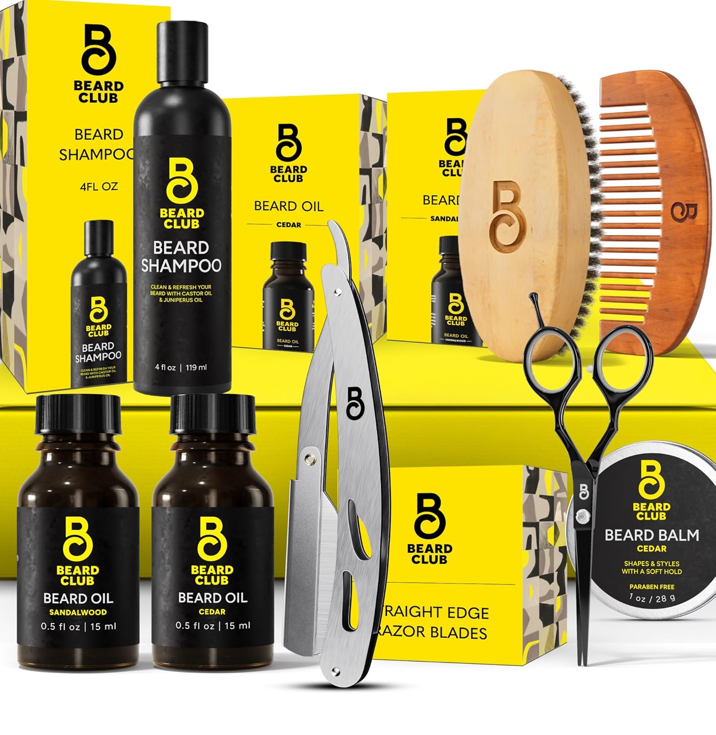 The Beard Club Beard Kit for Men - Grooming & Care Kit - Cedar & Sandalwood Oil, Cedar Balm, Shampoo, Brush, Comb, Trimming Scissors, Straight Edge Razor - Gift Set