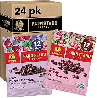 Sun-Maid Farmstand Reserve 24 Count Variety Pack - 0.8 oz Snack Bag – (12) Whole Dried Cranberries and (12) Dried Mixed Berries