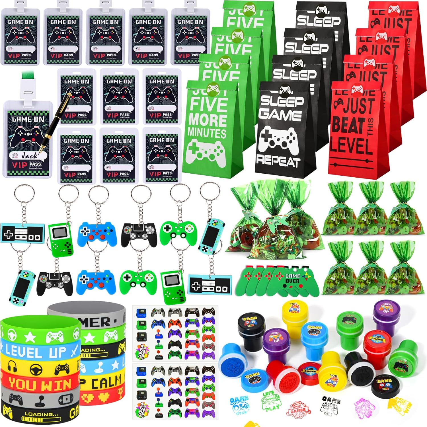 102pcs Gaming Party Bag Fillers Gamer Party Favours with Gaming Keychain Silicone Bracelet Video Game Stamps VIP Pass Tickets Supplies Pinata Goodie Bag Fillers for Kids Boys