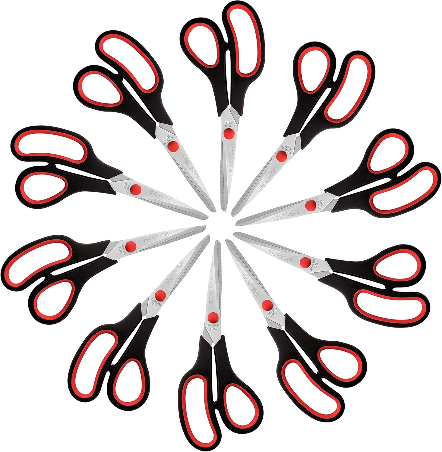 Belle Vous Scissors Multipack (10 Pack) - 21cm/8.27 inch Overall Length - Sharp Stainless Steel Blades - Soft Comfort Grip Handles - for Office and Home - Multipurpose Craft Scissors