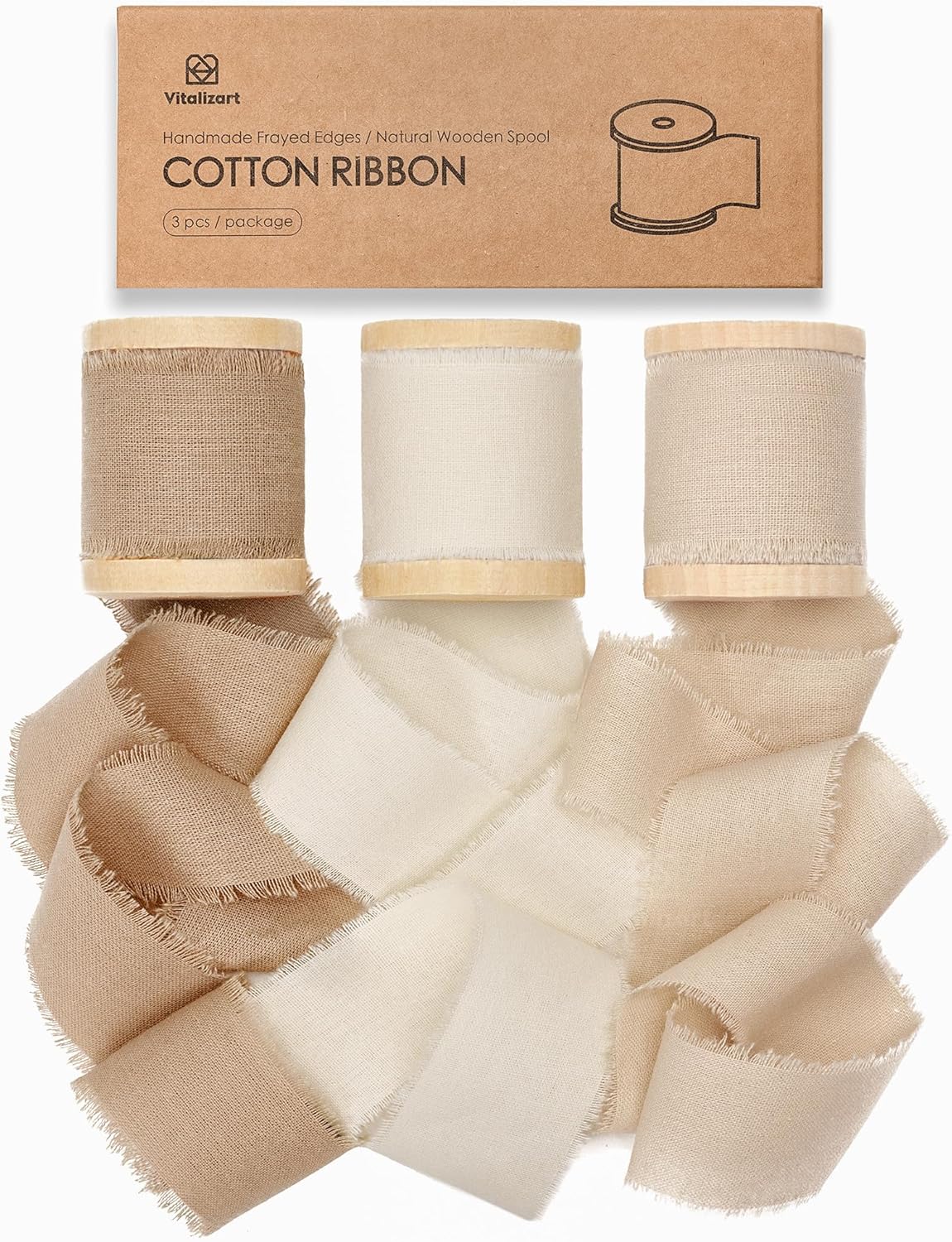 Vitalizart 100% Cotton Ribbon 1-1/2" x 15 Yd Nude Beige Cream Handmade Frayed Fringe Fabric Ribbons for Gift Wrapping Wedding Invites Bridal Shower Bouquets Christmas Decorations